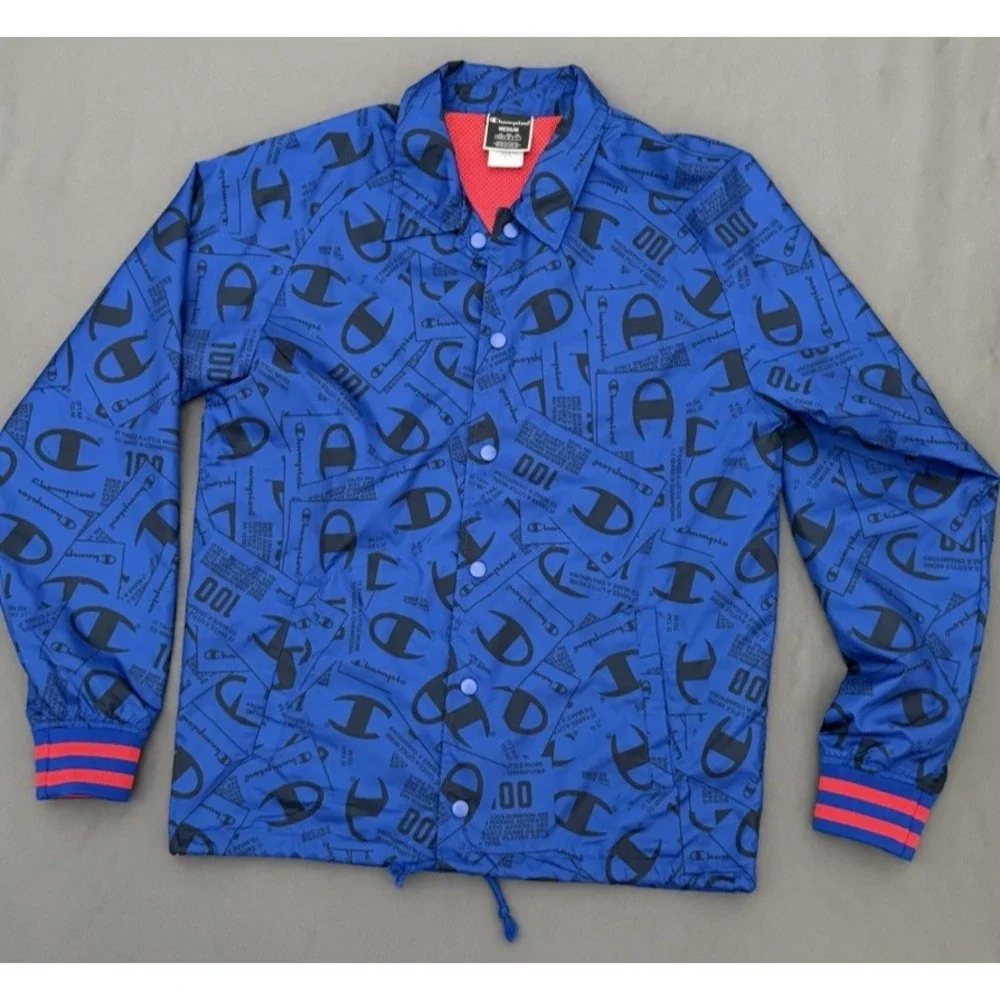 Vintage Champion Jacket Mens Medium Blue Long Sleeve Snap Logo All Over Print